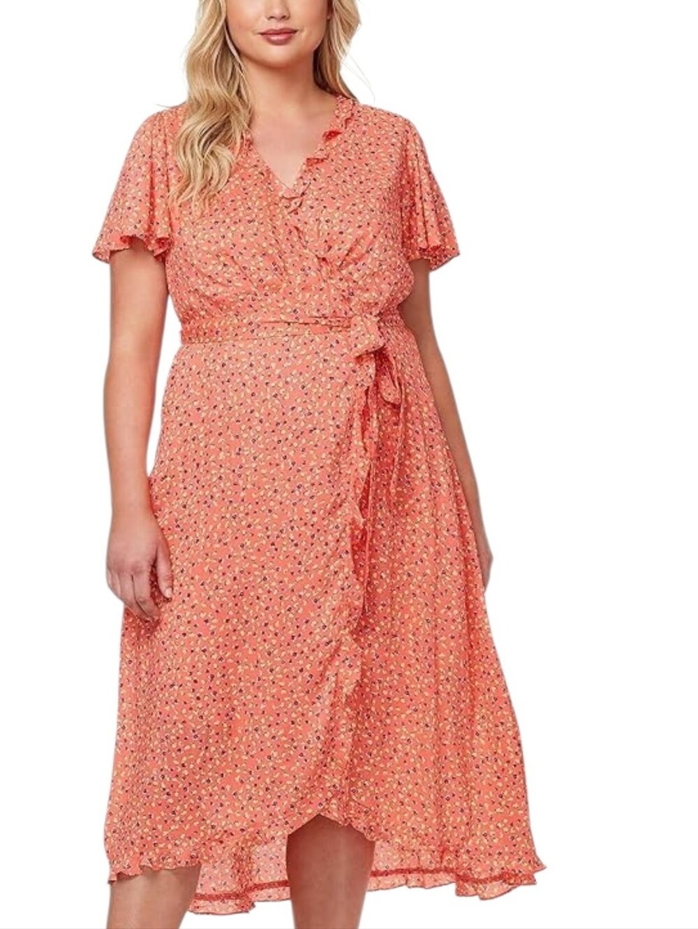 Jessica Simpson Orange Floral Flutter Sleeve Shay Dress Plus  2X Boho Prairie